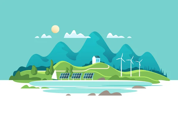 緑の再生可能エネルギーの概念 背景の湖と森の山の家と夏の風景です ベクトル図 — ストックベクタ