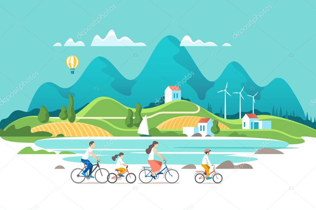 Summer vacation. Family are riding on bicycles on the natural landscape background. Vector illustration.