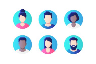 Erkek ve dişiyi içeren Avatar profil resim simgesi seti. Vektör illüstrasyonu.