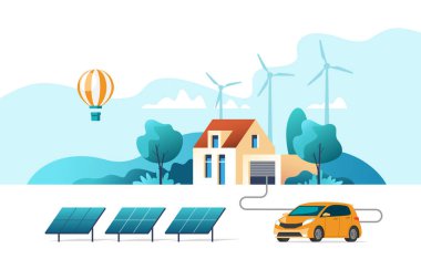 Çevre dostu alternatif enerji kavramı. Güneş paneli ve rüzgar türbinleri ile ev. Vektör çizim.