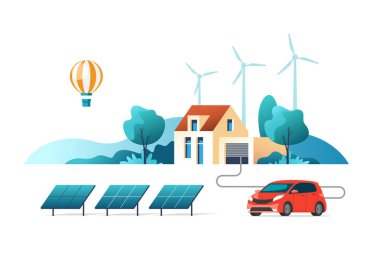 Çevre dostu alternatif enerji kavramı. Güneş paneli ve rüzgar türbinleri ile ev. Vektör çizim.