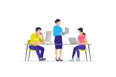 İş süreci, ekip çalışması, ofis, işyeri, iş karakter. Vektör çizim.