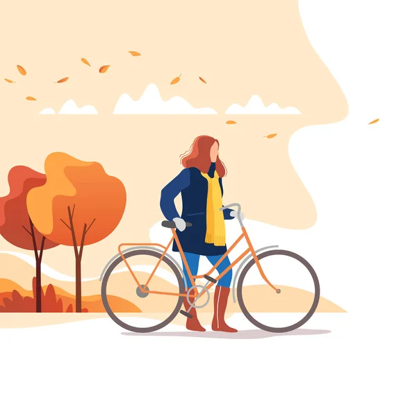 Herfst Seizoen Jonge Vrouw Met Fiets Een Park Wandelen Gezonde — Stockvector