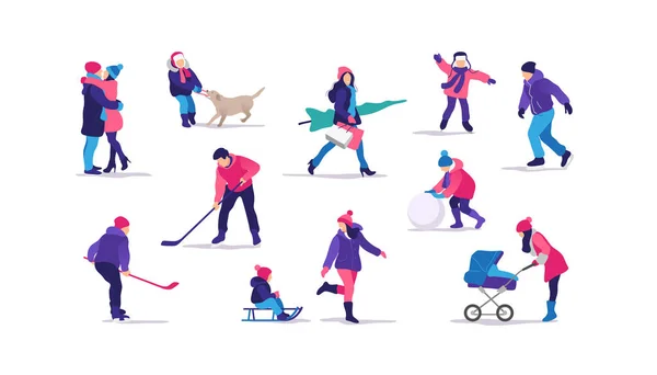 Wintertijd Het Aantal Mensen Wandelen Outdoor Activiteiten Vectorillustratie — Stockvector