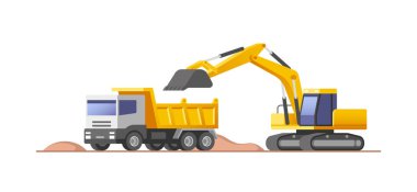 İnşaat alanında. Yükleyici Ekskavatör hareketli toprak ve damperli kamyon boşaltma. Vektör çizim.