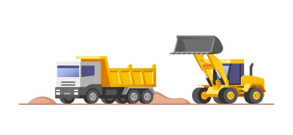 Staveniště Nakladač Pohybující Půdy Vykládání Dumper Truck Vektorové Ilustrace — Stockový vektor