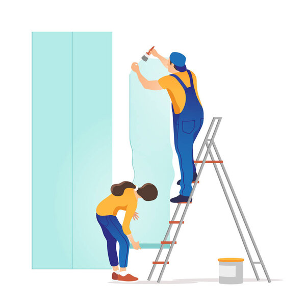 Home repair. Man and woman glues wallpaper at home. Vector illustration.