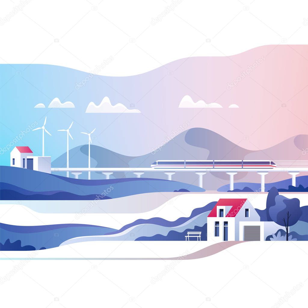 Abstract countryside landscape. Rural area with hills, fields and train. Vector illustration.