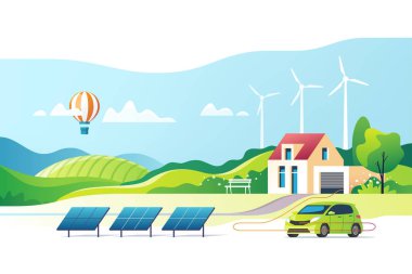 Çevre dostu alternatif enerji kavramı. Güneş paneli ve rüzgar türbinleri ile ev. Vektör çizim.