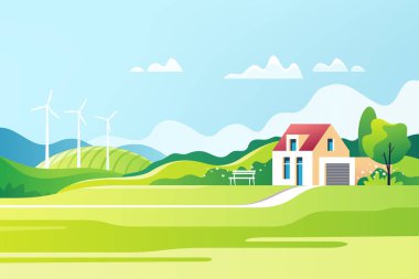 Bahar kırsal manzara. Banliyö geleneksel ev. Aile ev. Vektör çizim.