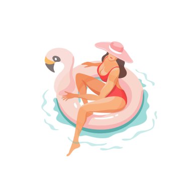 Yaz saati. Mutlu tatil. Pembe şişme flamingo üzerinde Yüzme mayolu seksi genç kadın. Vektör çizim.
