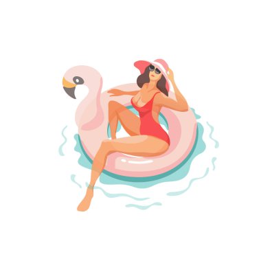 Yaz saati. Mutlu tatil. Genç kadın üzerinde pembe şişme flamingo yüzme. Vektör çizim.