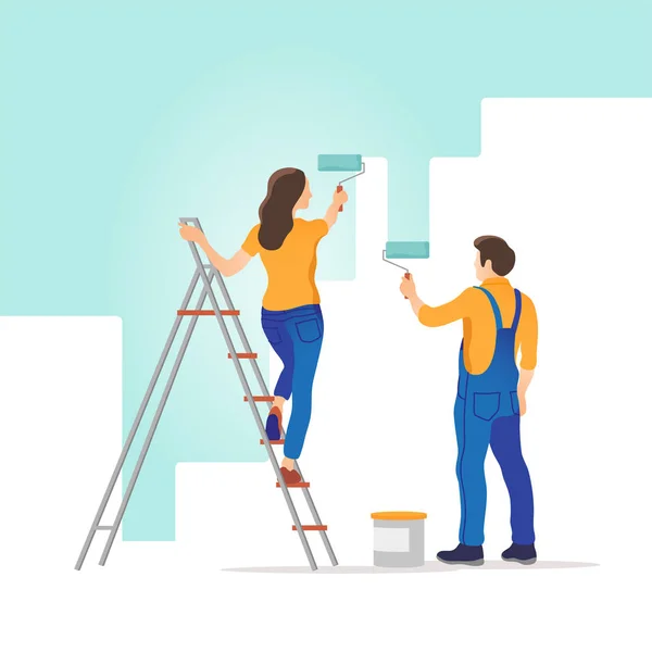 Home Renovation Man Woman Painting Wall New Apartment Vector Illustration — Stock Vector