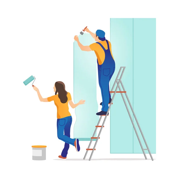 Home Repair Man Woman Glues Wallpaper Home Vector Illustration — Stock Vector