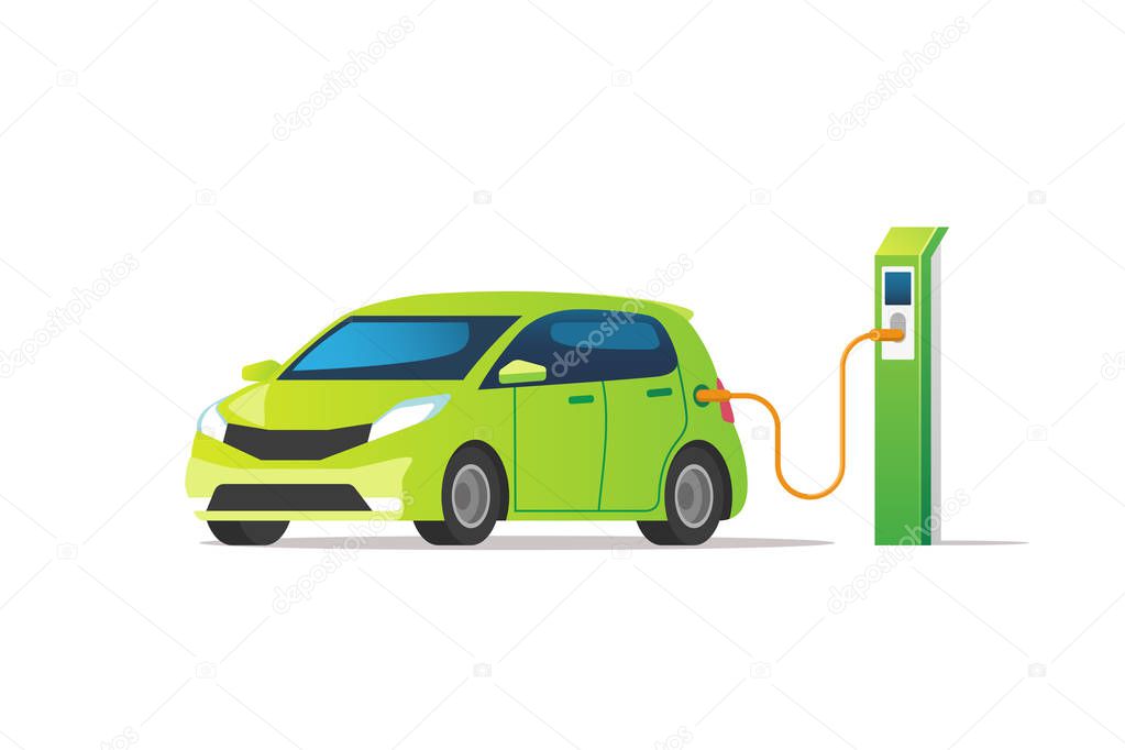 Electric car. Charging at the charger station. Vector illustration.