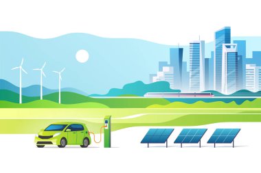 Yenilenebilir enerji kavramı. Yeşil şehir. Kentsel peyzaj bir güneş paneli, elektrikli araç şarj istasyonu ve rüzgar türbinleri. Vektör çizim.