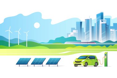 Yenilenebilir enerji kavramı. Yeşil şehir. Kentsel peyzaj bir güneş paneli, elektrikli araç şarj istasyonu ve rüzgar türbinleri. Vektör çizim.