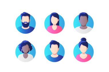 Erkek ve dişiyi içeren Avatar profil resim simgesi seti. Vektör illüstrasyonu.