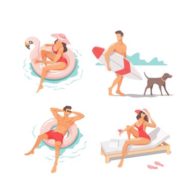 Yazın plajda güneşlenme, yürüme, sörf tahtası taşıma, denizde yüzme gibi aktiviteler yapan bir grup insan. Seyahat, tatil, tatil konsepti. Vektör illüstrasyonu.