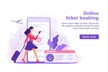 Uçuş biletleri online rezervasyon konsepti. Akıllı telefondan bilet almak. Vektör illüstrasyonu.