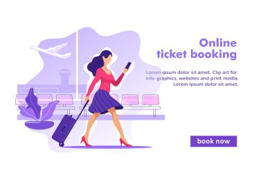 Uçuş biletleri online rezervasyon konsepti. Akıllı telefondan bilet almak. Vektör illüstrasyonu.