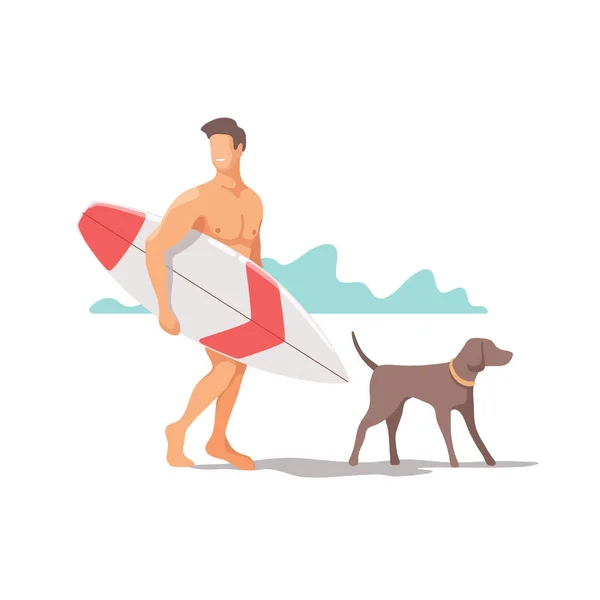 Uomo Con Tavola Surf Cane Sulla Spiaggia Viaggiare Vacanza Concetto — Vettoriale Stock
