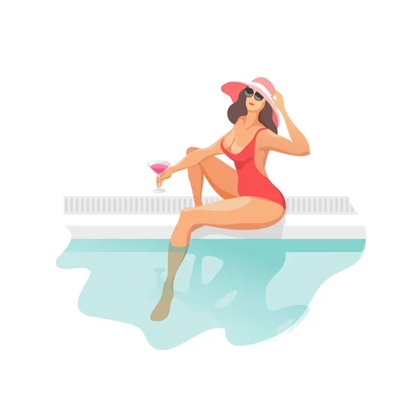 スイミング プールの端に座っている帽子で魅力的な女性 夏の時間 幸せな休暇 ベクトル図 — ストックベクタ