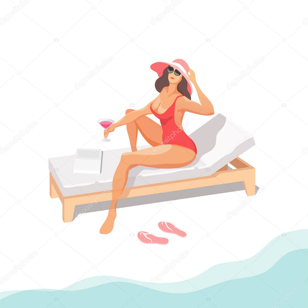Attractive young woman in bikini sunbathing on beach. Traveling, holiday, vacation concept. Vector illustration.