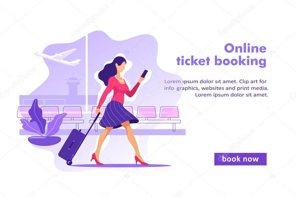 Flight tickets online booking concept. Buying ticket with smartphone. Vector illustration.