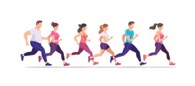 İnsanları koşturmak. Koşucu grubu harekete geçti. Koşan erkekler ve kadınlar spor geçmişi. Maratona hazırlanıyorum. Moda biçim vektör illüstrasyonu.