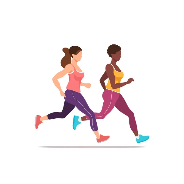 Två Kvinnor Tränar Genom Att Jogga Hälsa Och Fitness Vektorillustration — Stock vektor