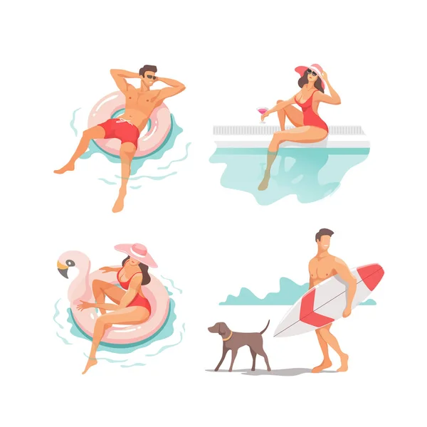 ビーチで夏の屋外活動を行う人々のセット 日光浴 ウォーキング サーフボードを運ぶ 海で泳ぐ 休暇の概念 ベクターイラスト — ストックベクタ