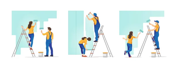 Réparation Maison Les Gens Peignant Mur Colle Papier Peint Maison — Image vectorielle