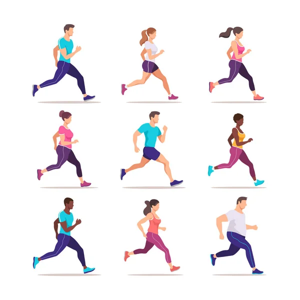 人々のジョギングのセット 運動中のランナーグループ マラソンへのトレーニング トレンディなスタイルのベクトルイラスト — ストックベクタ