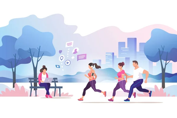 Csoportos Emberek Rohangálnak Városi Parkban Egészséges Életmód Edzés Maratonra Kocogás — Stock Vector