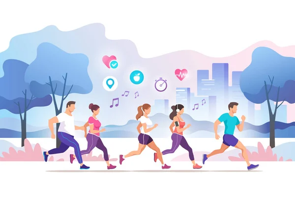 Csoportos Emberek Rohangálnak Városi Parkban Egészséges Életmód Edzés Maratonra Kocogás — Stock Vector