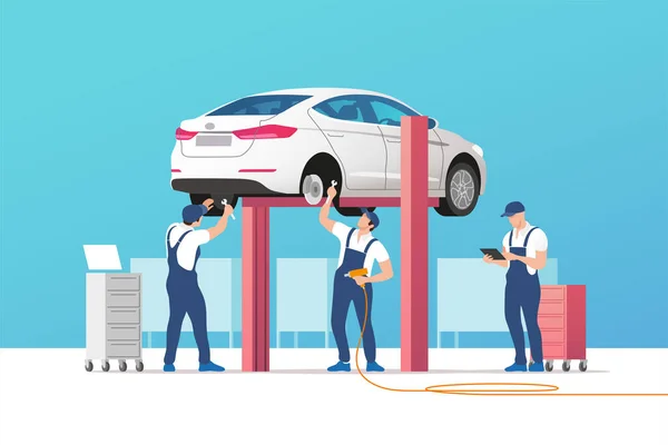 Serviço Automóveis Reparação Carro Oficina Manutenção Com Equipe Mecânica Ilustração — Vetor de Stock