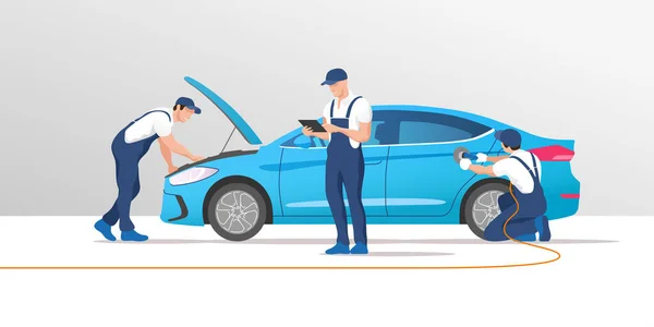 Service Réparation Automobiles Voiture Atelier Entretien Avec Équipe Mécaniciens Illustration — Image vectorielle