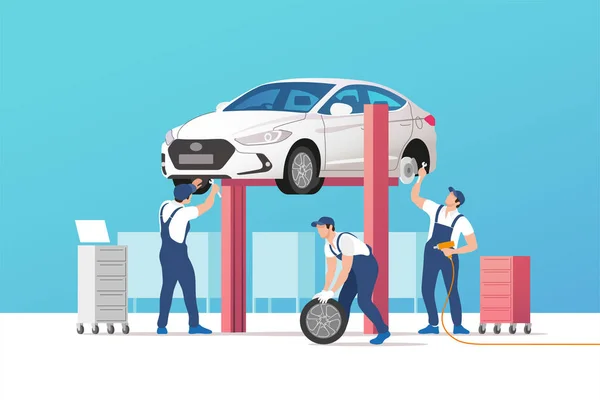 Serviço Carro Reparação Automóvel Oficina Manutenção Com Equipe Mecânica Ilustração — Vetor de Stock
