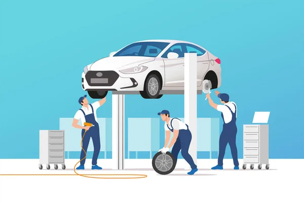 Auto Service Reparatie Auto Onderhoudswerkplaats Met Monteurs Vectorillustratie — Stockvector