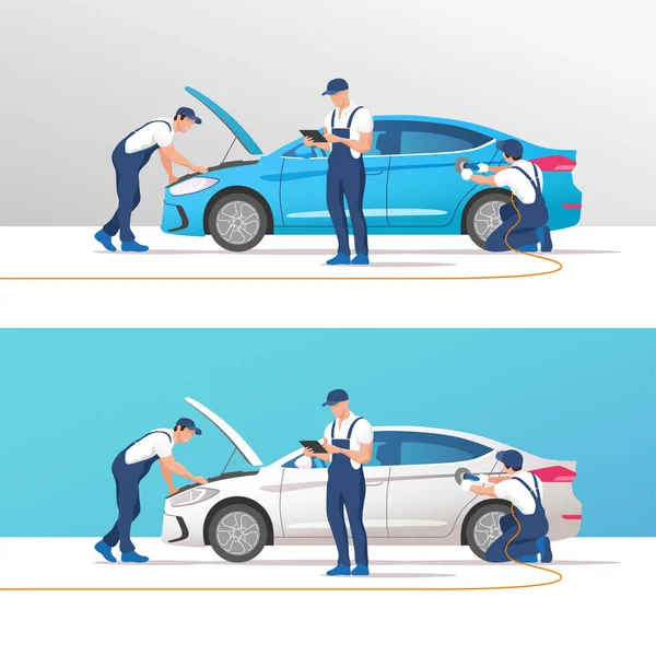 Auto Service Reparatie Auto Onderhoudswerkplaats Met Monteurs Vectorillustratie — Stockvector