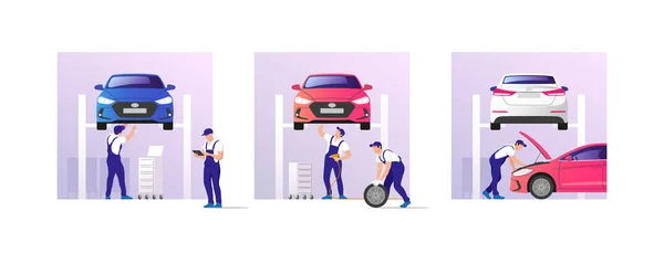 Auto Service Reparatie Auto Onderhoudswerkplaats Met Monteurs Vectorillustratie — Stockvector