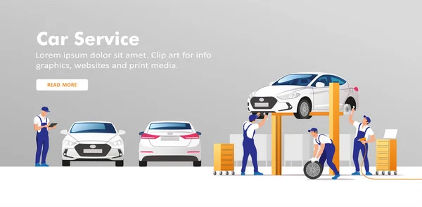 Serviço Automóveis Reparação Carros Oficina Manutenção Com Equipe Mecânica Ilustração —  Vetores de Stock