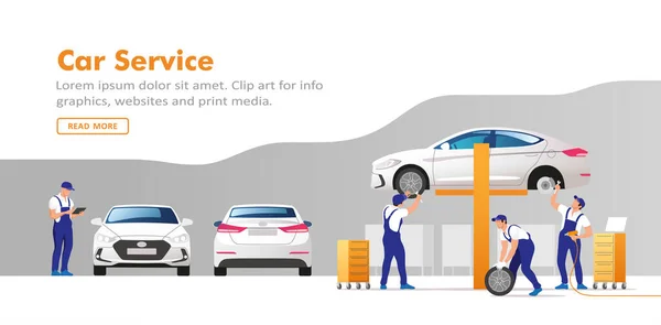 Auto Service Reparatie Auto Onderhoudswerkplaats Met Monteurs Vectorillustratie — Stockvector