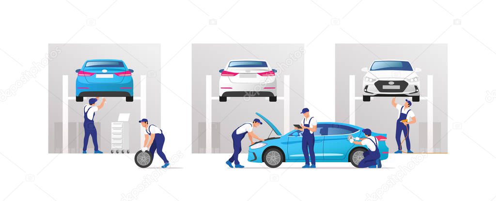 Auto service and repair. Cars in maintenance workshop with mechanics team. Vector illustration.