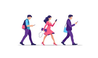 Gençler yürüyor. İnsanlar akıllı telefonlarla geziyorlar, dijital cihazlarını kullanıyorlar. Vektör illüstrasyonu.