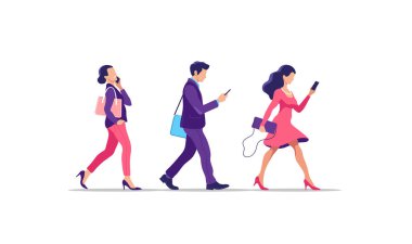 Gençler yürüyor. İnsanlar akıllı telefonlarla geziyorlar, dijital cihazlarını kullanıyorlar. Vektör illüstrasyonu.