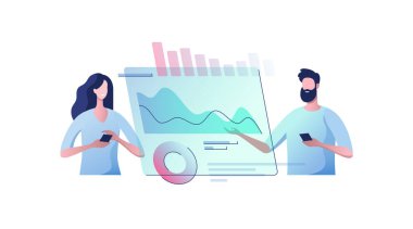 Sanal monitörlü genç iş adamları. Dijital teknoloji kavramı. Uzaktan kumandalı iş süreci yönetimi. Vektör illüstrasyonu.