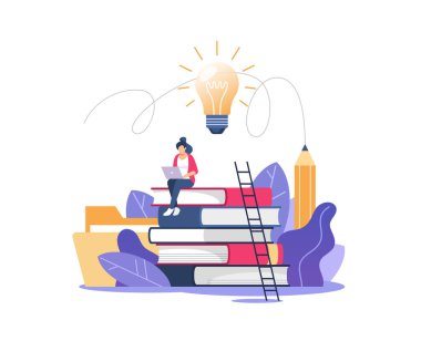 İnsan başarı ve daha iyi fikirler için bilgi kazanır. Eğitim, çevrimiçi kurslar ve işletme, uzaktan eğitim, çevrimiçi kitaplar ve çalışma rehberleri, sınav hazırlığı, evde eğitim, vektör ilüstrasyonu.