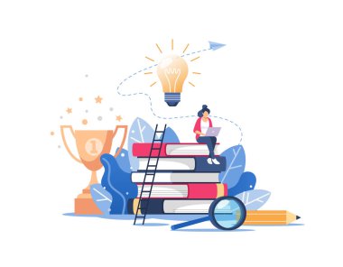 İnsan başarı ve daha iyi fikirler için bilgi kazanır. Çevrimiçi eğitim ya da iş eğitimi konsepti, uzaklık kursları, çalışma kılavuzu, sınav hazırlığı, evde eğitim. Vektör illüstrasyonu.